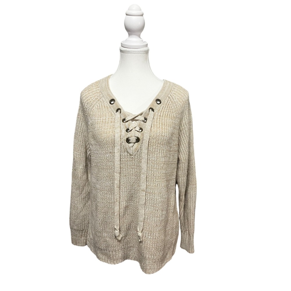 Cream Lace Up Knit Sweater Chunky Pullover Cozy Slouchy Side Slit L